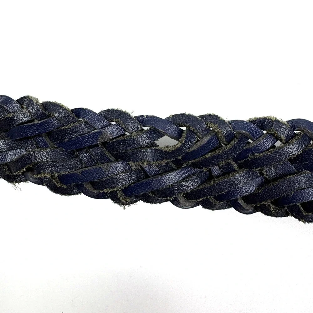 VTG 80s Chic Brand Braided Genuine Leather Belt Womans Sz L Navy Blue‎ Gold Tone